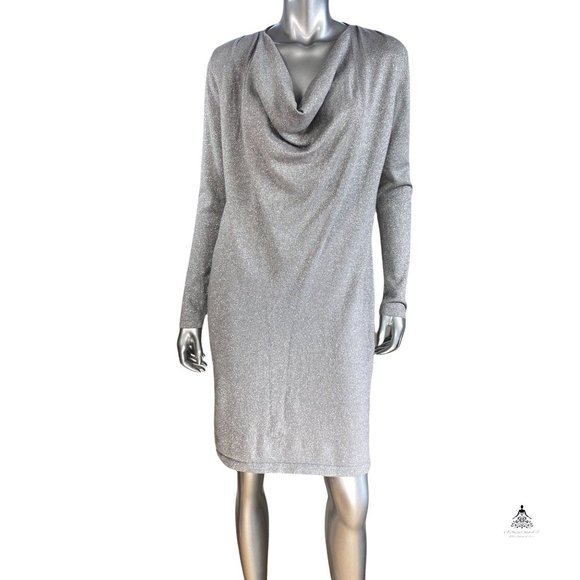 Jones New York JNY Silver Cowl Neck Metallic Sweater Dress L - Picture 6 of 7